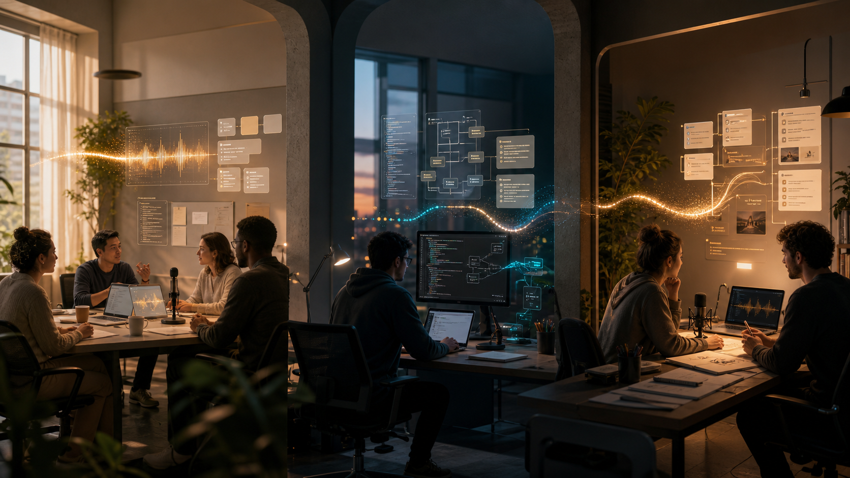 A visual overview of real-time voice, development, and creative AI workspaces connected by GPT-Live